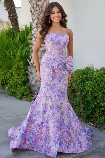 Lilac Floral Jacquard Strapless Bow Mermaid Prom Dress with High Slit