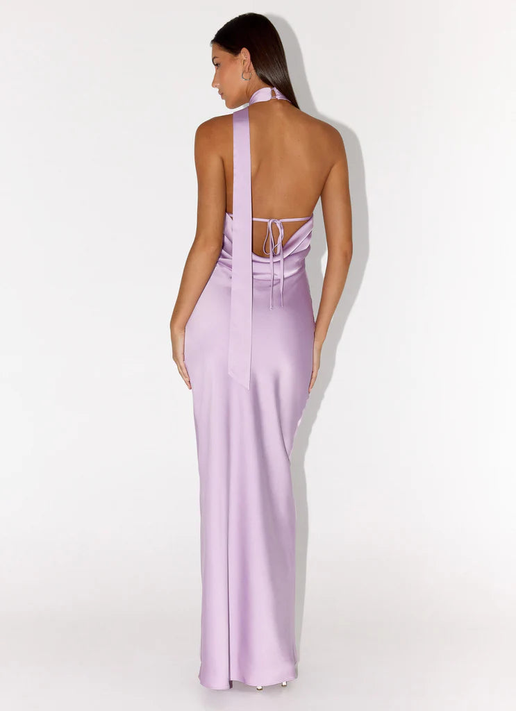 Lilac Satin Halter Neck Backless Tie Maxi Prom Dress For Elegant Formal Occasions