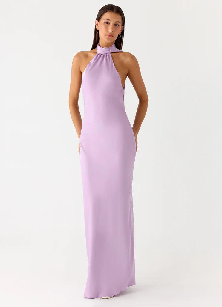 Lilac Satin Halter Neck Backless Tie Maxi Prom Dress For Elegant Formal Occasions
