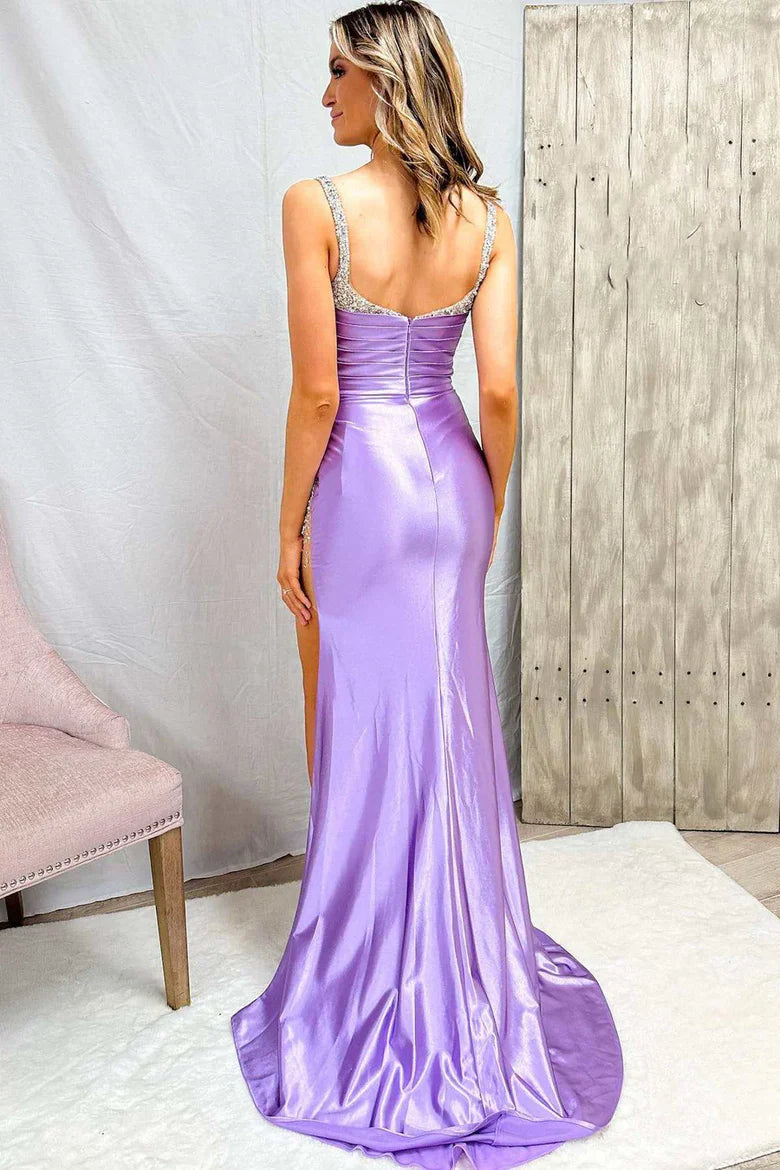 Lilac Satin Mermaid Prom Dress with Beaded Straps and High Slit