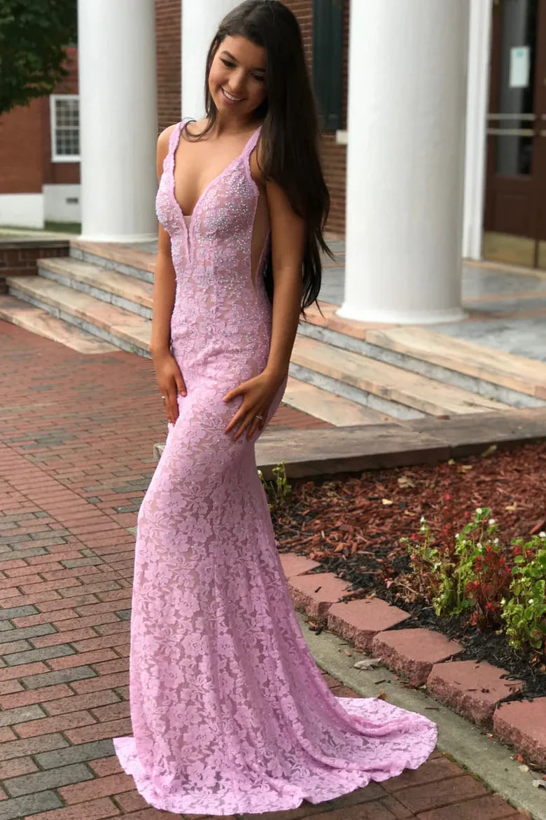 Lilac Spaghetti Strap Mermaid Prom Dress with Beaded Lace and Deep V-Back
