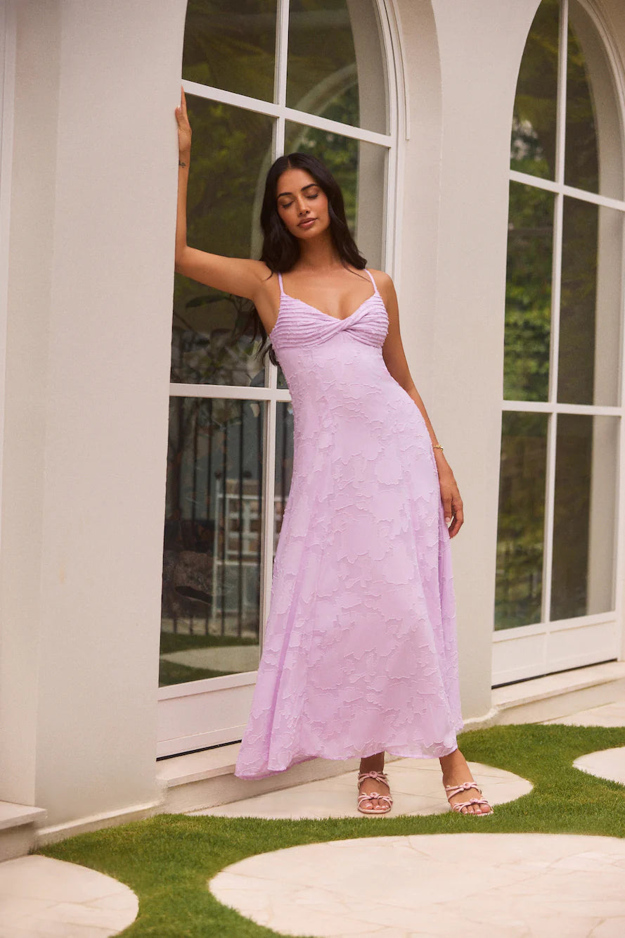 Lilac Textured Chiffon Twist Bust Backless Midi Evening Dress