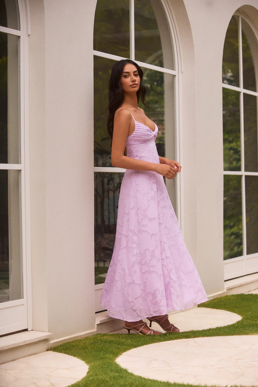 Lilac Textured Chiffon Twist Bust Backless Midi Evening Dress