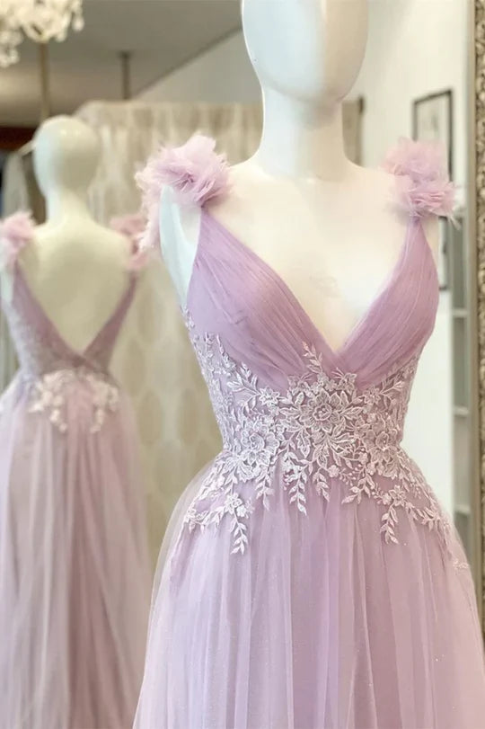 Lilac V-Neck Tulle Prom Dress with Floral Appliqué and 3D Flower Straps