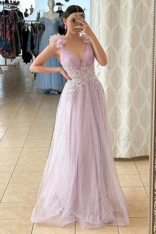 Lilac V-Neck Tulle Prom Dress with Floral Appliqué and 3D Flower Straps