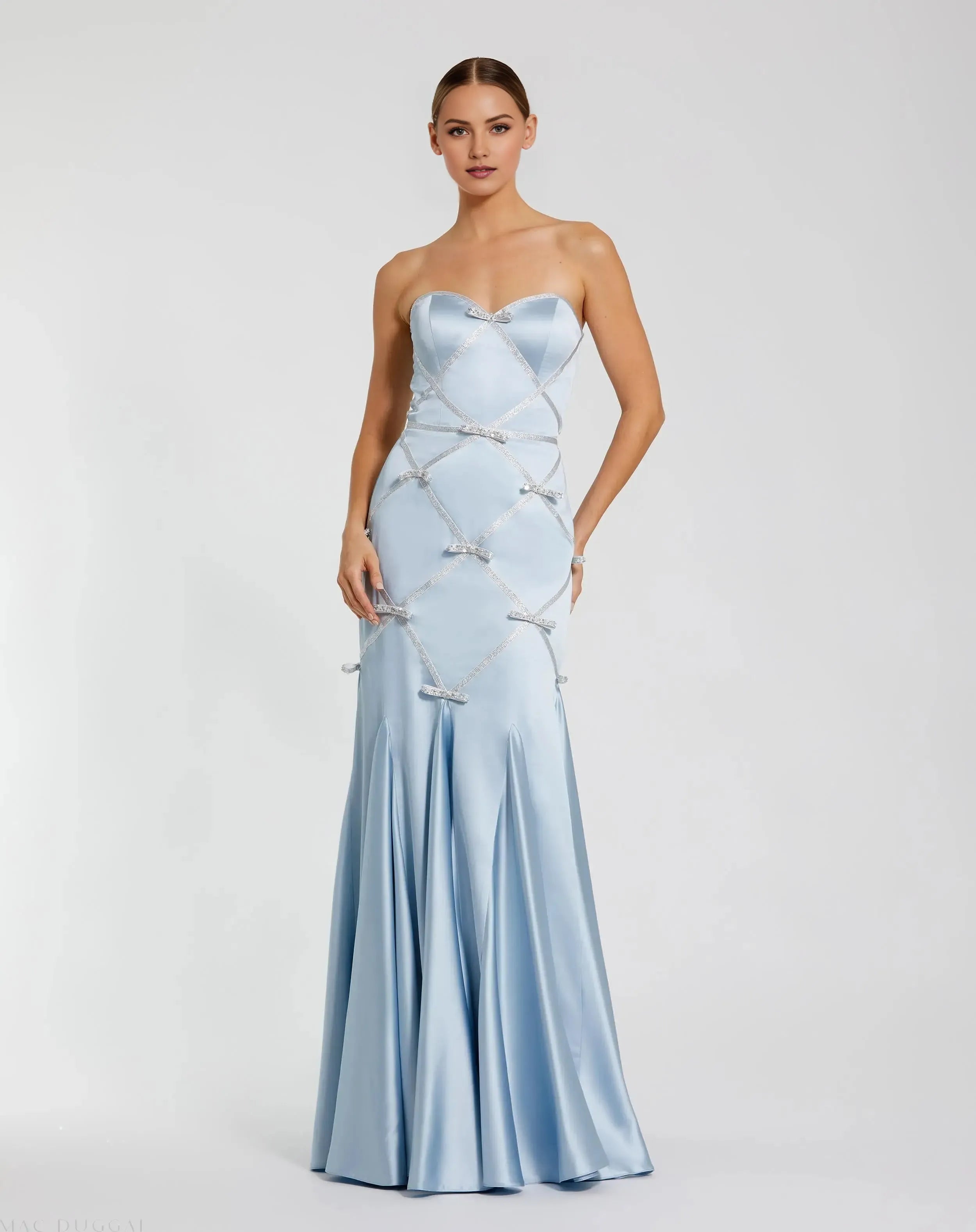 Luminous Sky Blue Mermaid Strapless Sleeveless Tie Back Satin Floor-Length Prom Dress With Bow Details