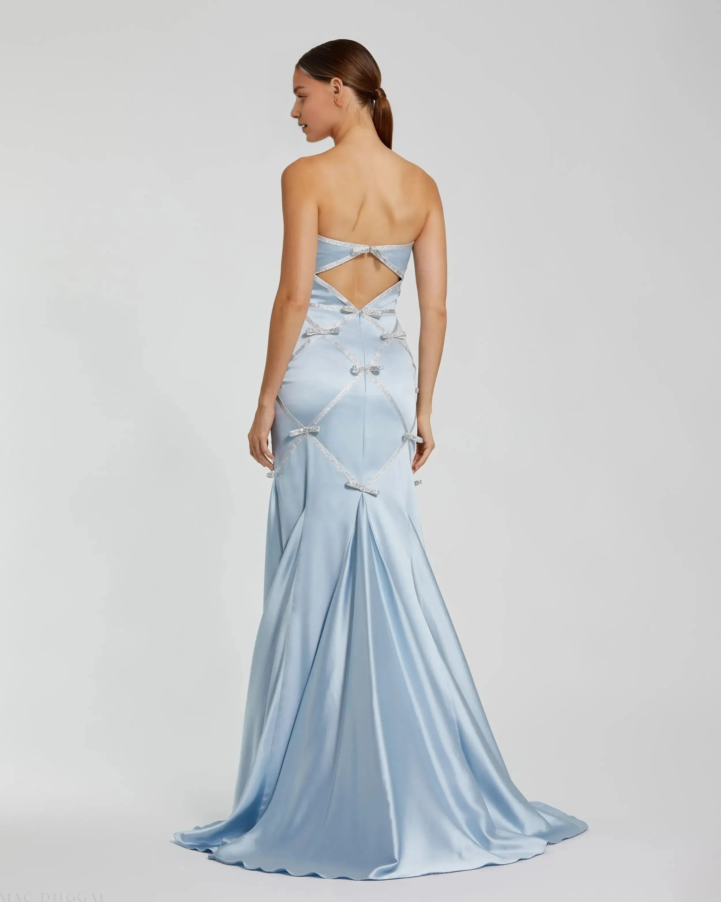 Luminous Sky Blue Mermaid Strapless Sleeveless Tie Back Satin Floor-Length Prom Dress With Bow Details
