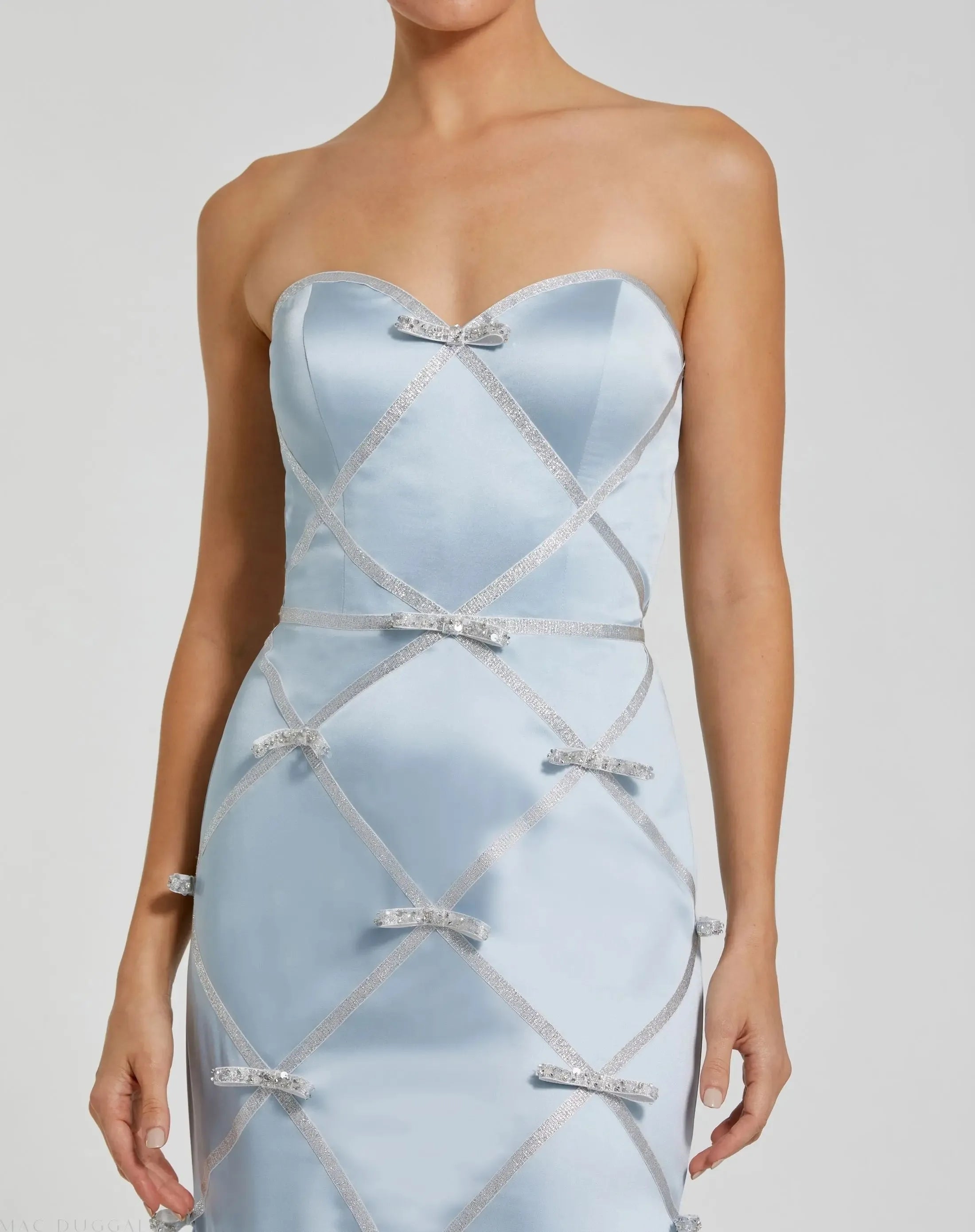 Luminous Sky Blue Mermaid Strapless Sleeveless Tie Back Satin Floor-Length Prom Dress With Bow Details
