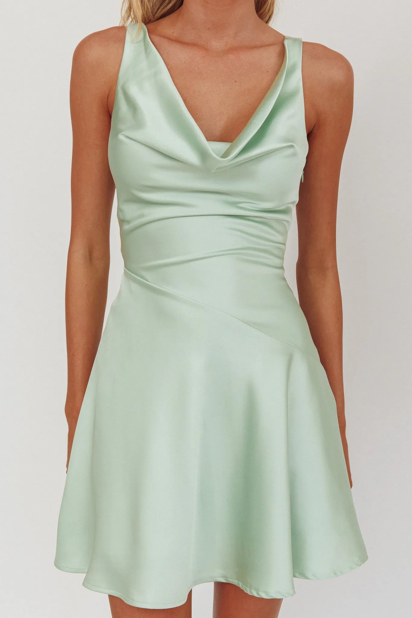Luxe A-Line Cowl Neck Spaghetti-Strap Tie-Back Mini Homecoming Dresses