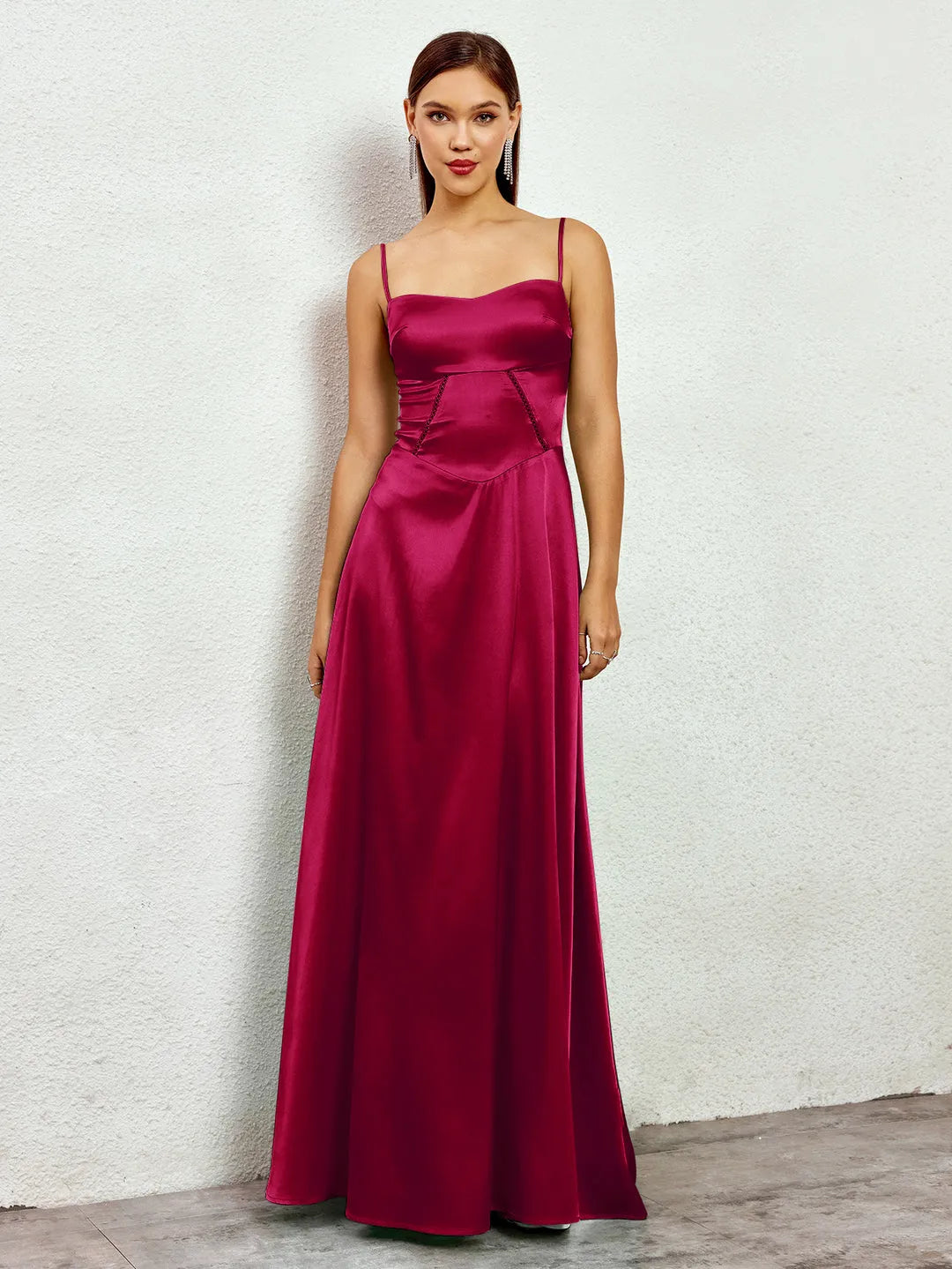 Luxe Fitted Square Neck Spaghetti Strap Paneled Back Floor-Length Prom Dresses