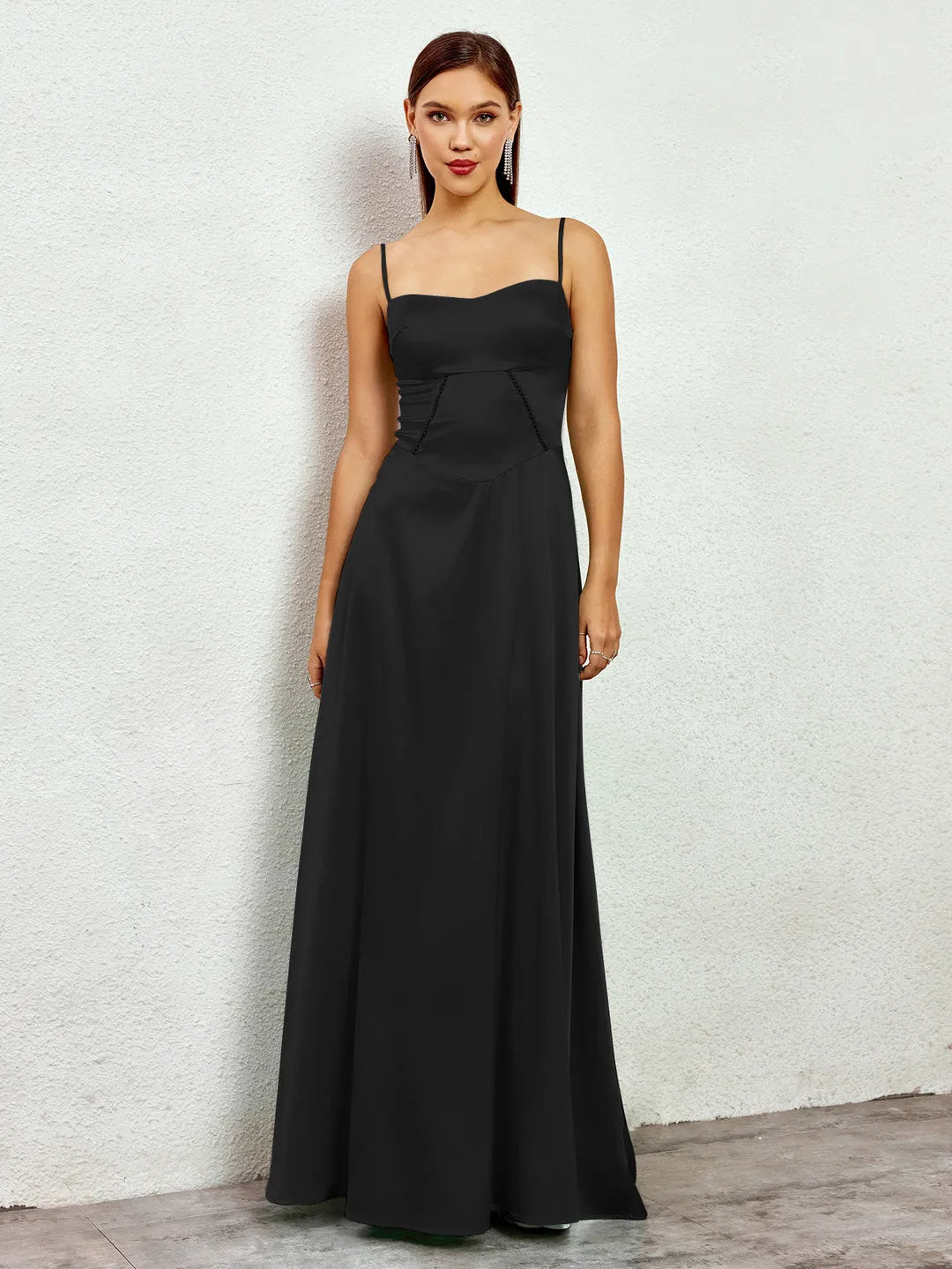 Luxe Fitted Square Neck Spaghetti Strap Paneled Back Floor-Length Prom Dresses