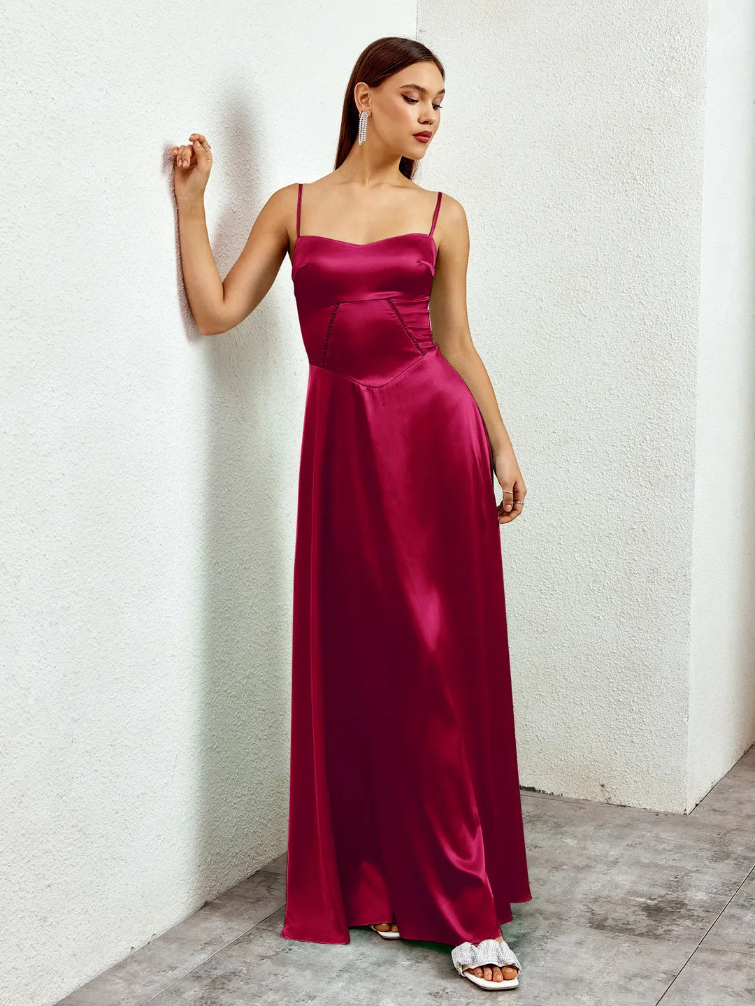 Luxe Fitted Square Neck Spaghetti Strap Paneled Back Floor-Length Prom Dresses