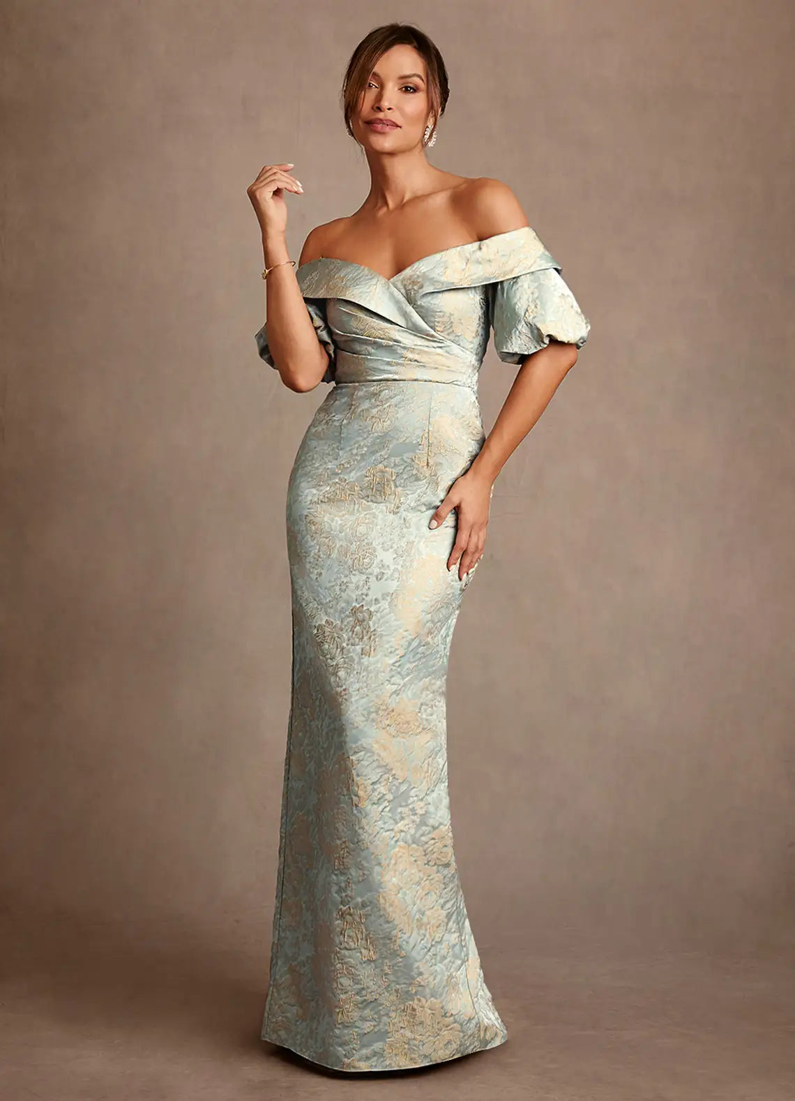 Luxe Mermaid Off-the-Shoulder Puff-Sleeve Open-Back Floor-Length Mother of the Bride Dresses
