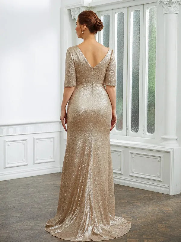 Luxe Mermaid One-Shoulder Three-Quarter Sleeves V-Back Train-Length Mother Of The Bride Dresses