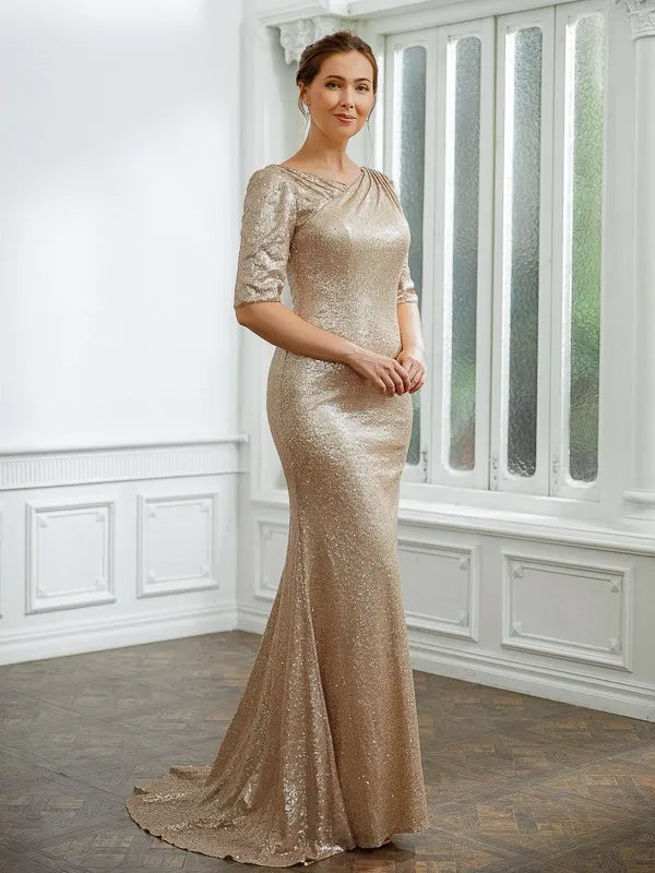 Luxe Mermaid One-Shoulder Three-Quarter Sleeves V-Back Train-Length Mother Of The Bride Dresses