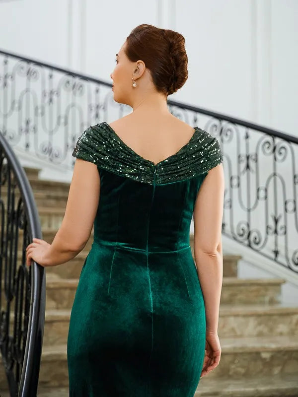 Luxe Sheath Off-The-Shoulder Short Sleeves Slit Back Floor-Length Mother Of The Bride Dresses