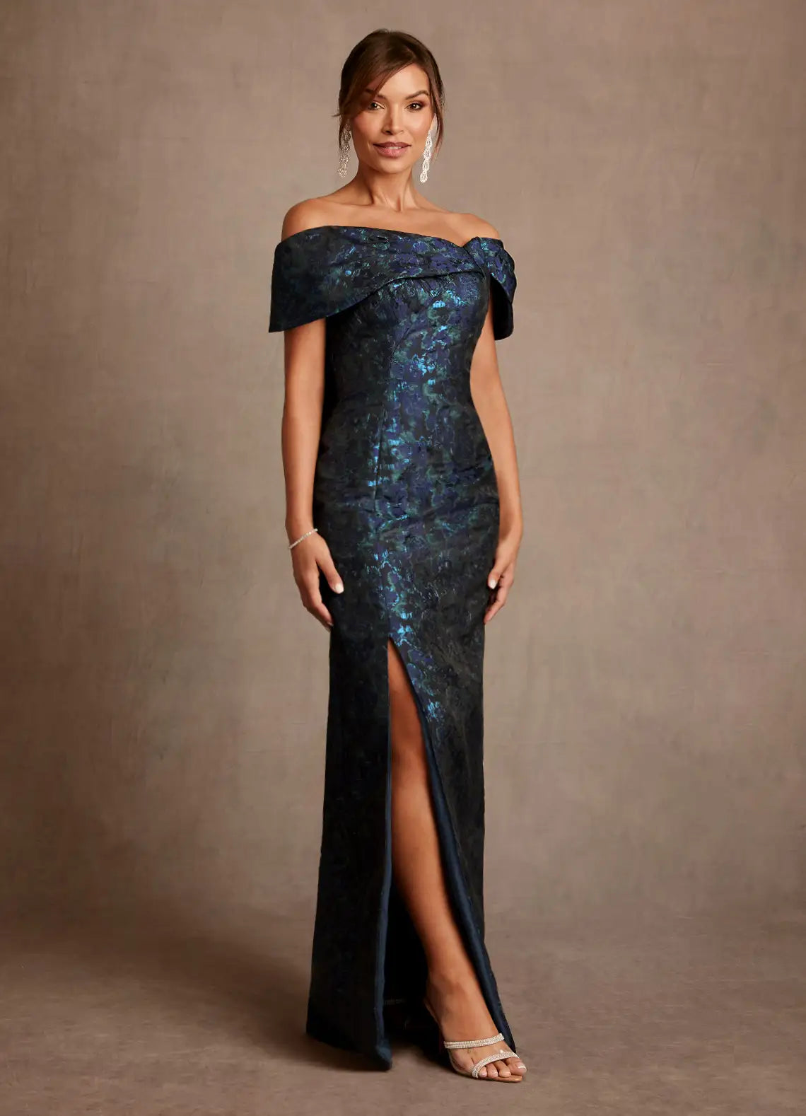 Luxe Sheath Off-the-Shoulder Cap Sleeve Bow Back Floor-Length Mother of the Bride Dress
