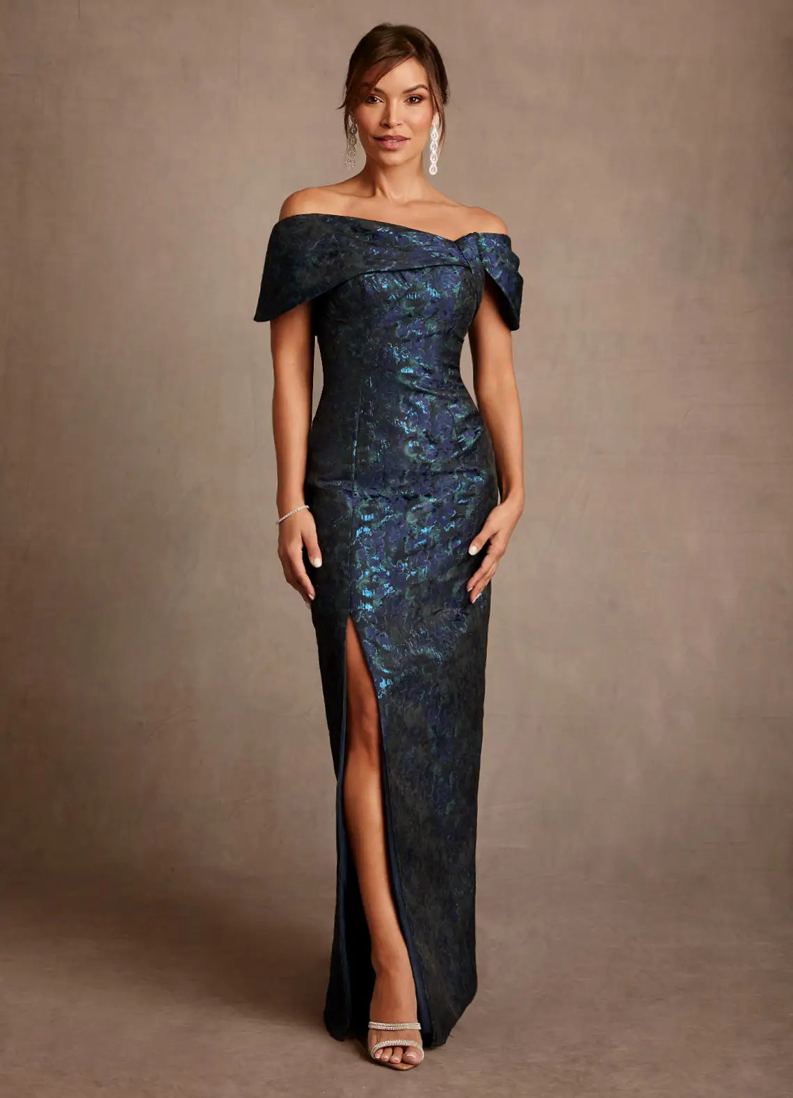 Luxe Sheath Off-the-Shoulder Cap Sleeve Bow Back Floor-Length Mother of the Bride Dress