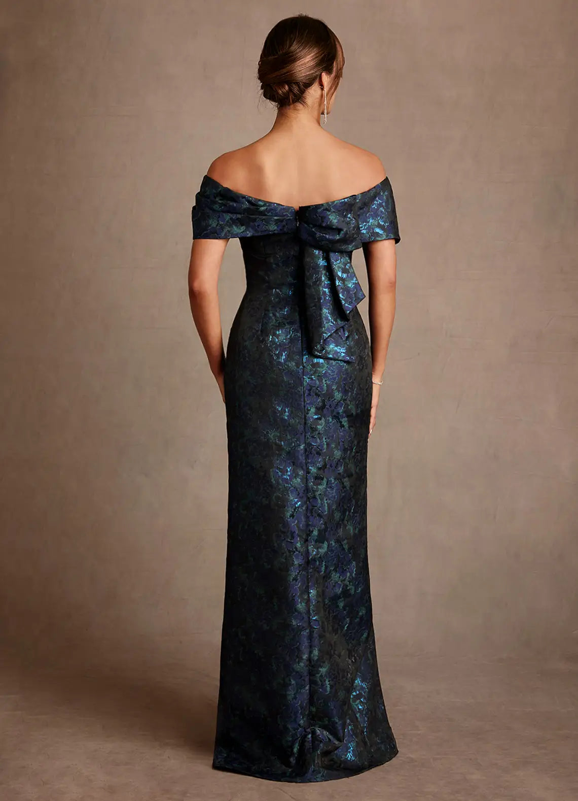 Luxe Sheath Off-the-Shoulder Cap Sleeve Bow Back Floor-Length Mother of the Bride Dress