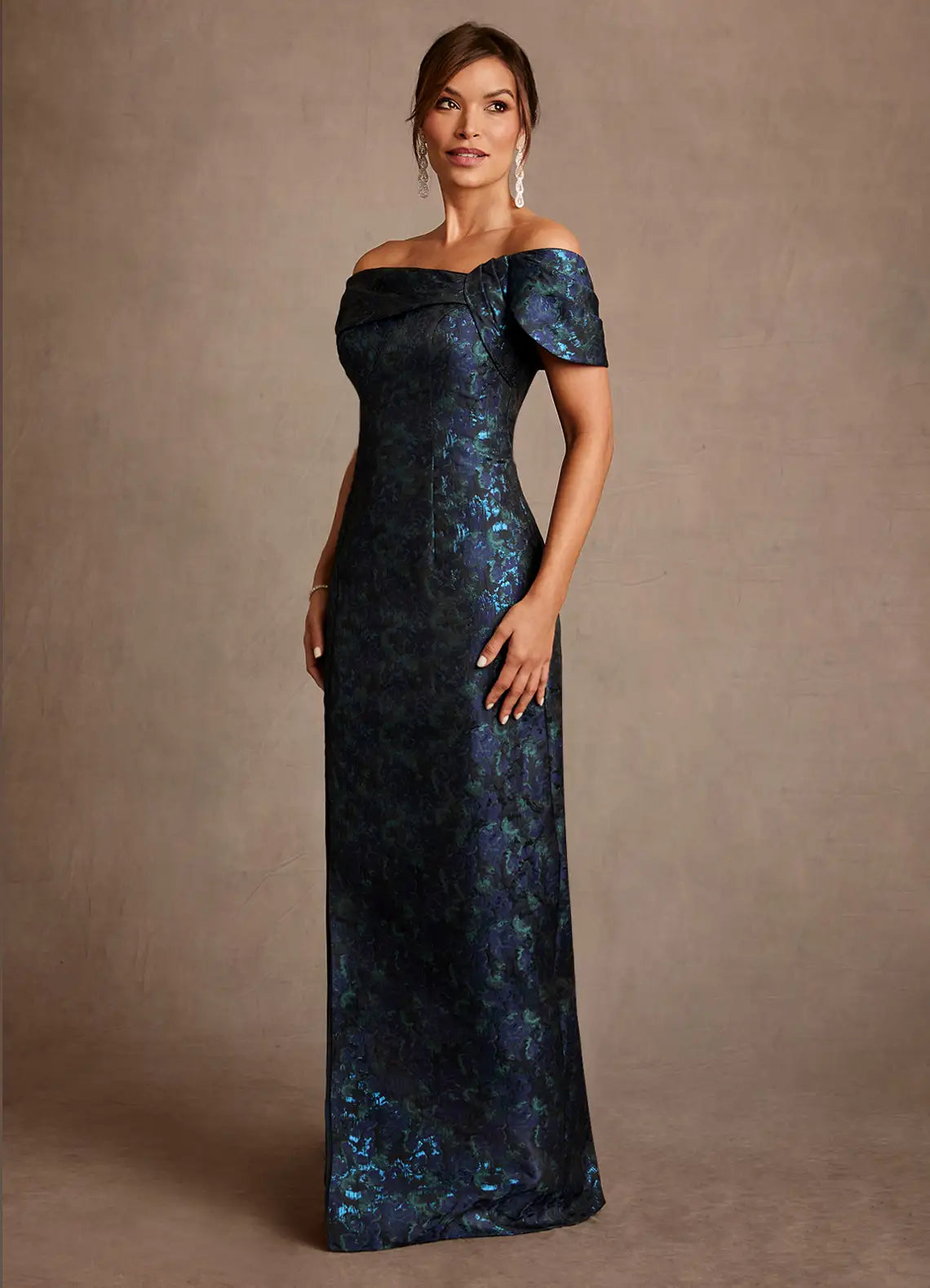 Luxe Sheath Off-the-Shoulder Cap Sleeve Bow Back Floor-Length Mother of the Bride Dress