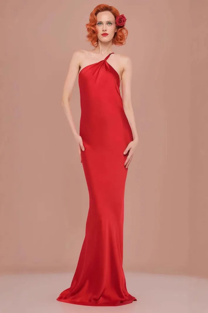 Luxe Sheath One-Shoulder Sleeveless Cut-Out Back Floor-Length Formal Party Dresses