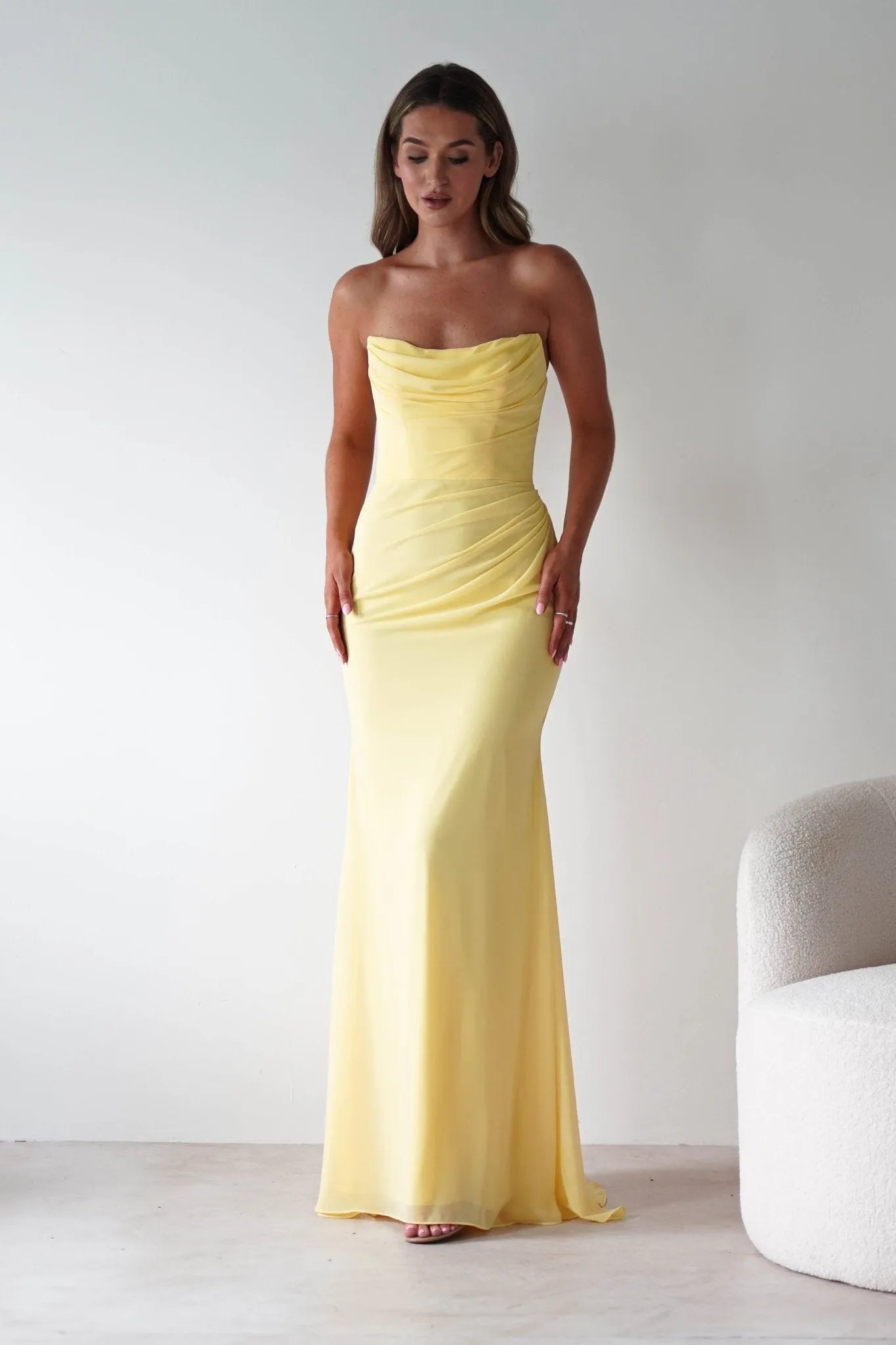 Luxe Strapless Ruched Mermaid Lace-Up Back Floor-Length Formal Prom Dresses