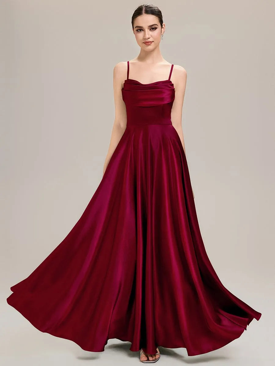Luxurious A-Line Cowl Neck Spaghetti-Strap Open-Back Floor-Length Bridesmaid Dresses