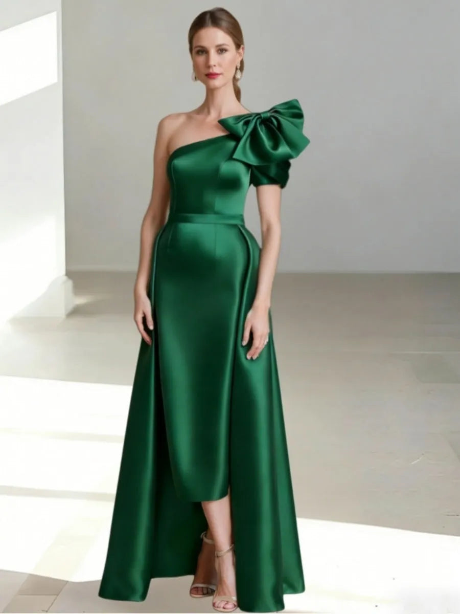 Luxurious A-Line One-Shoulder Bow Sleeve Zipper Back High-Low Mother Of The Bride Dresses