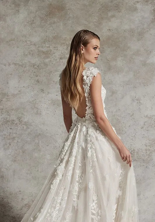 Luxurious A-Line Plunge Neck Cap Sleeve Open Back Train Wedding Dresses