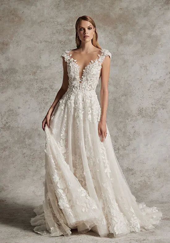 Luxurious A-Line Plunge Neck Cap Sleeve Open Back Train Wedding Dresses