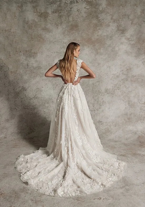 Luxurious A-Line Plunge Neck Cap Sleeve Open Back Train Wedding Dresses