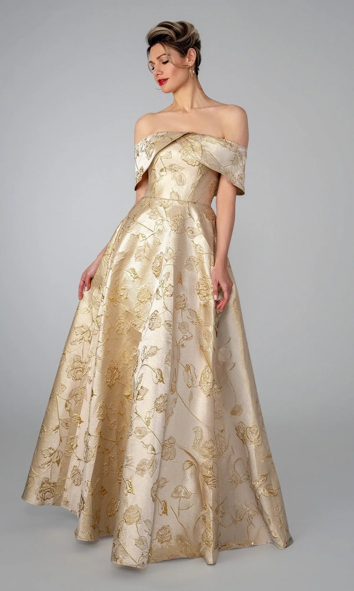 Luxurious A Line Off Shoulder Floral Jacquard Floor Length Prom Dresses