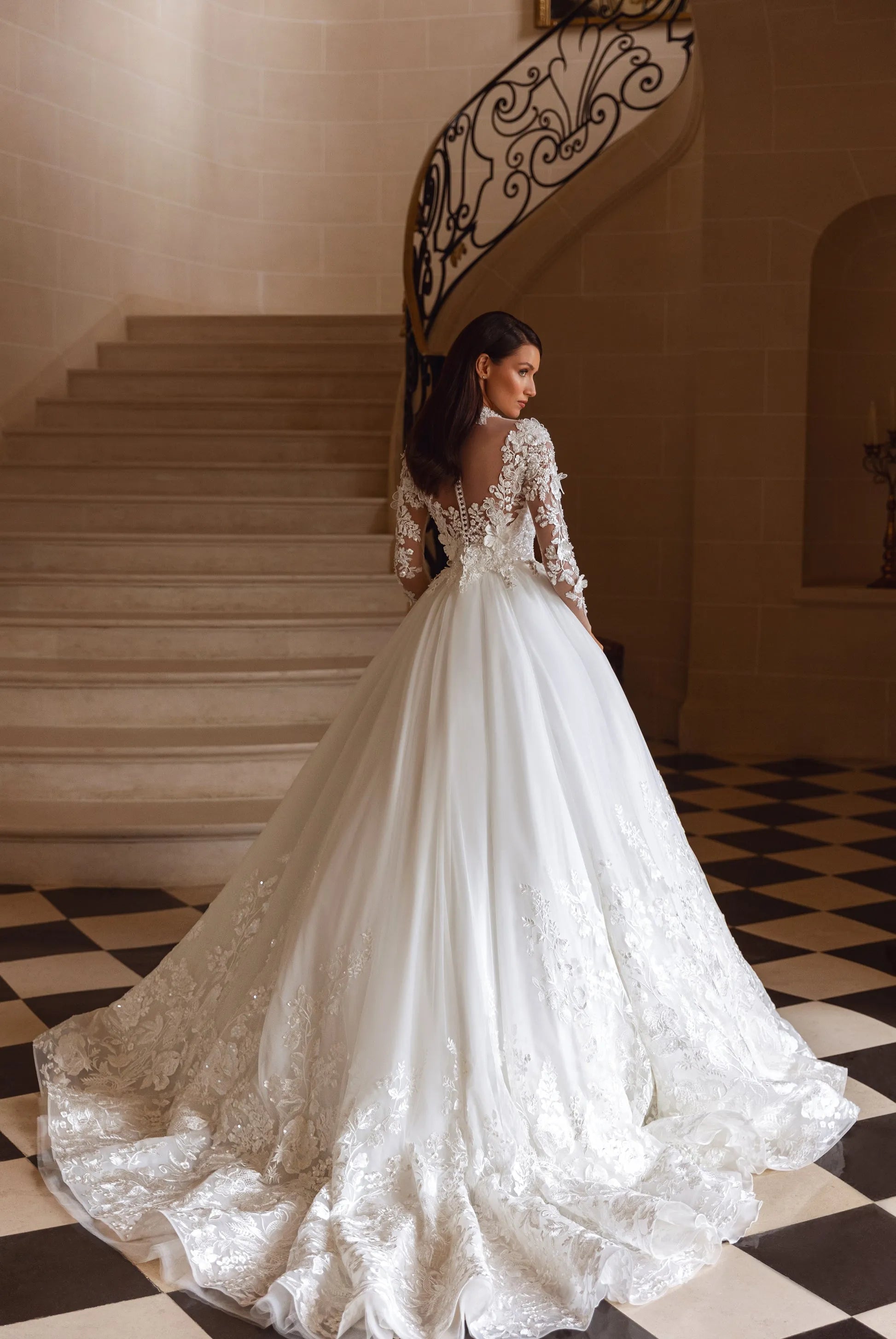 Luxurious Ball Gown High Neck Long-Sleeved Lace-Up Back Floor-Length Wedding Dresses