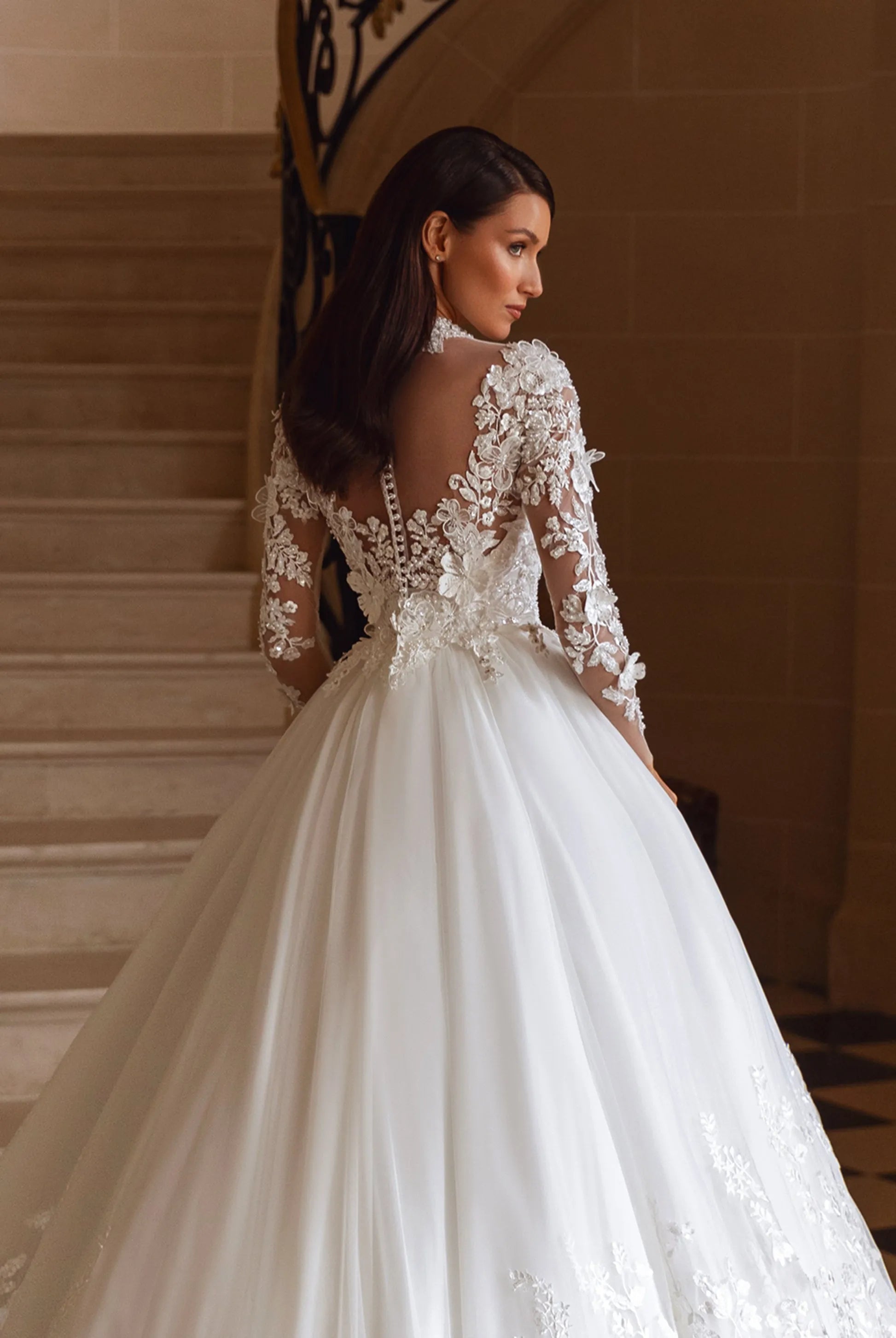 Luxurious Ball Gown High Neck Long-Sleeved Lace-Up Back Floor-Length Wedding Dresses