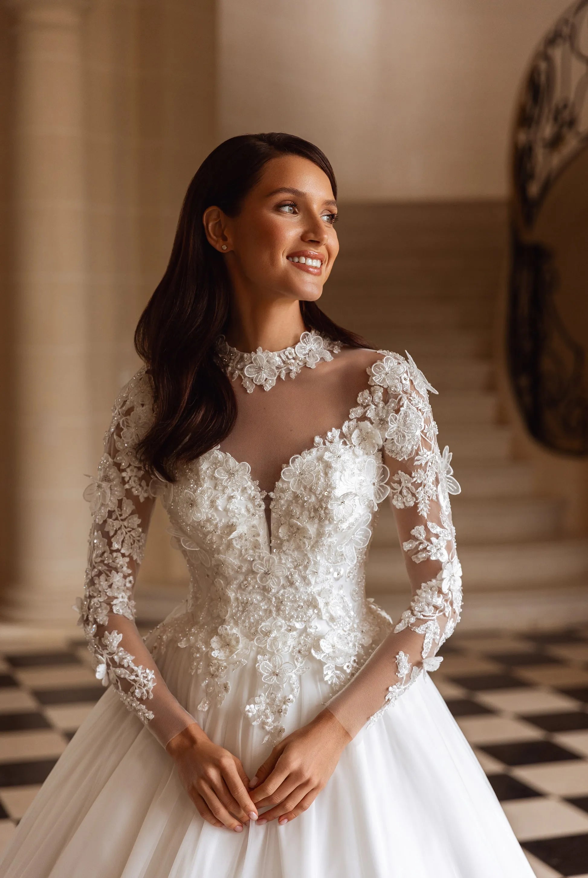 Luxurious Ball Gown High Neck Long-Sleeved Lace-Up Back Floor-Length Wedding Dresses