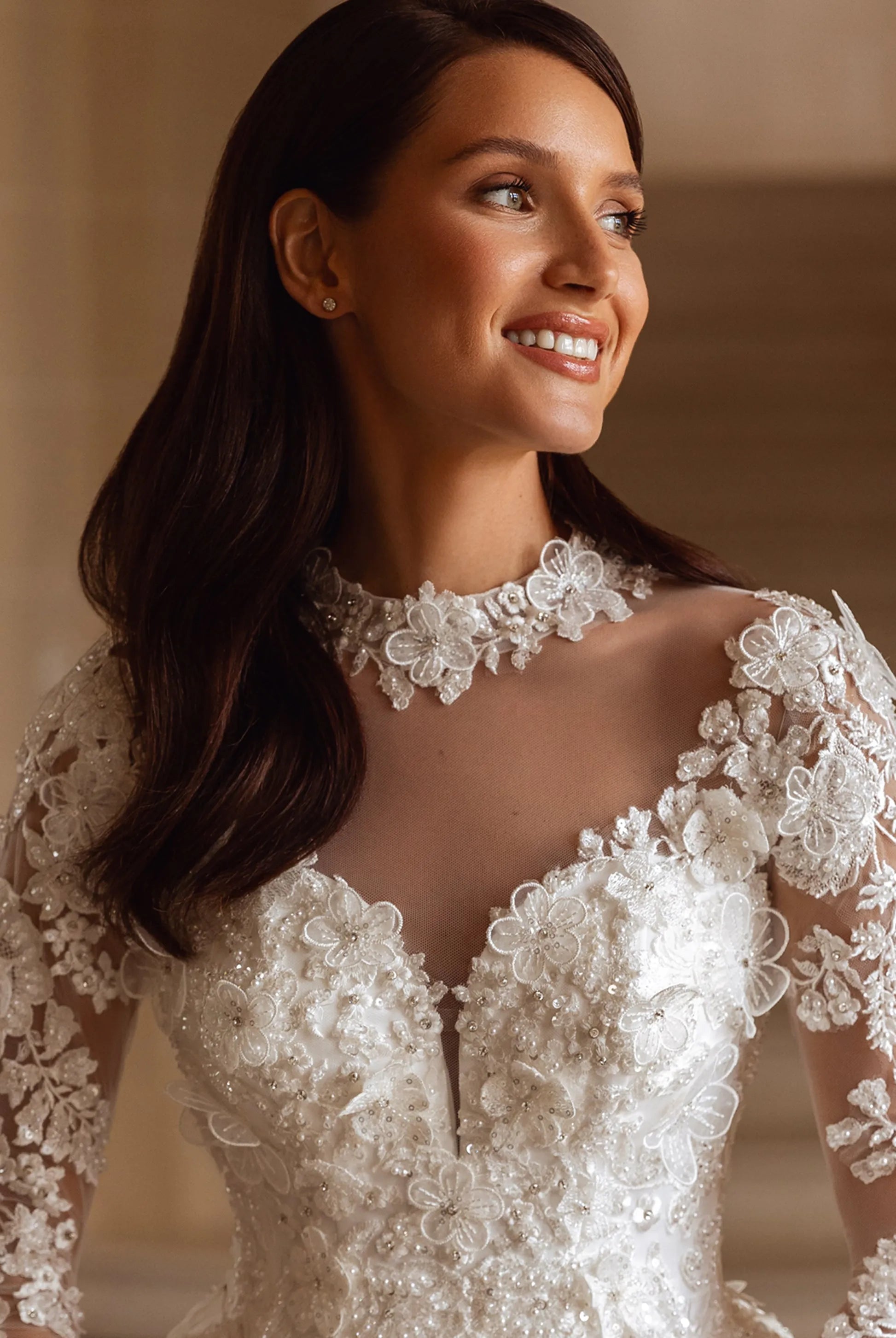 Luxurious Ball Gown High Neck Long-Sleeved Lace-Up Back Floor-Length Wedding Dresses