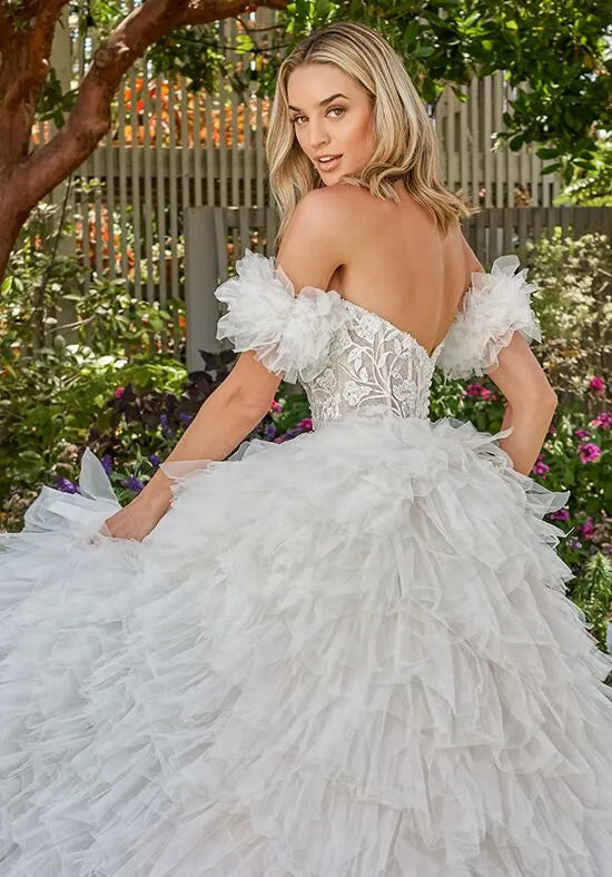 Luxurious Ball Gown Off-The-Shoulder Ruffled Back Train Wedding Dresses