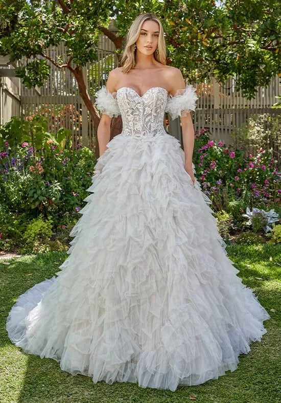 Luxurious Ball Gown Off-The-Shoulder Ruffled Back Train Wedding Dresses
