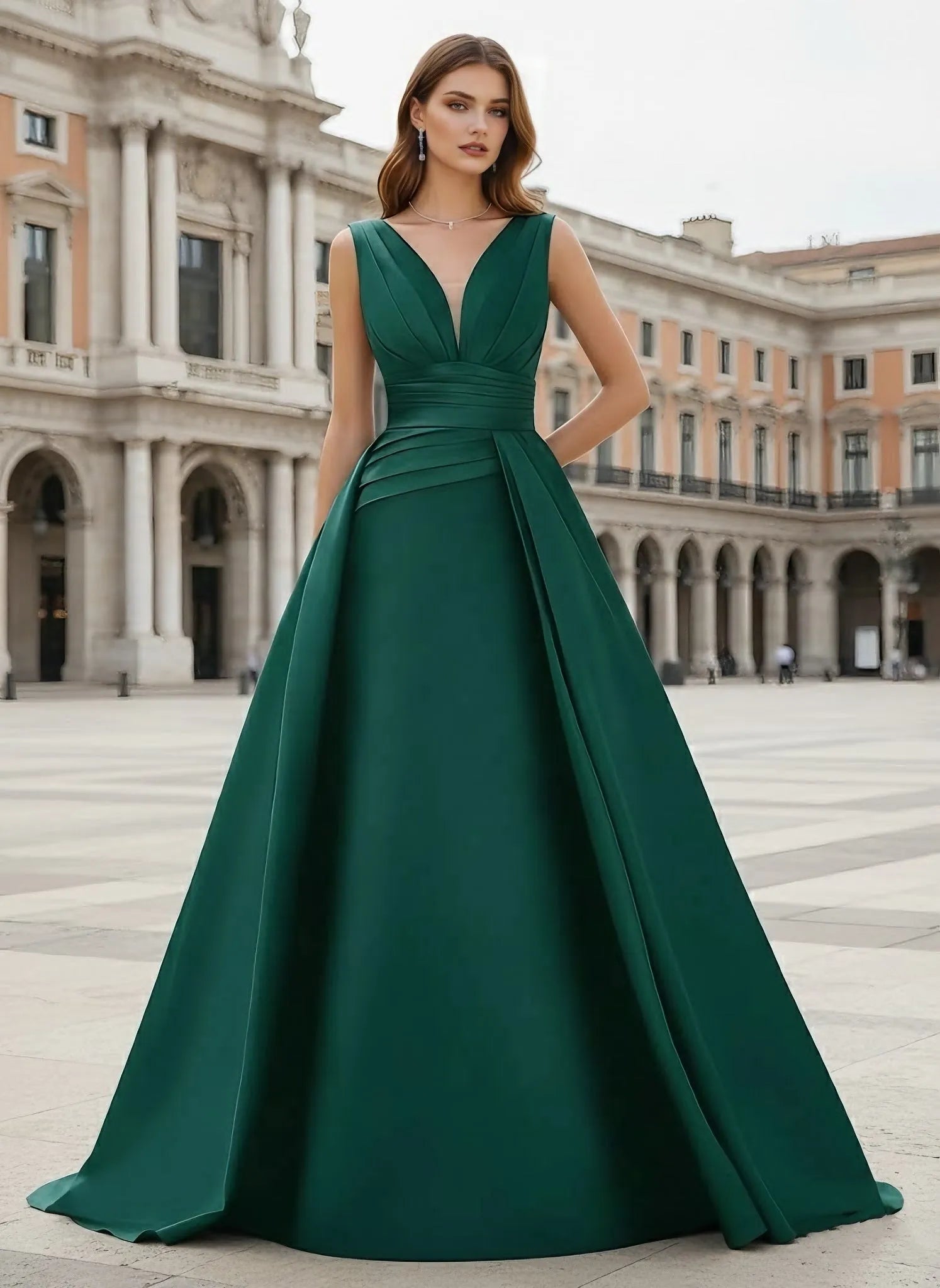 Luxurious Ball Gown V-Neck Sleeveless Open-Back Floor-Length Evening Dresses