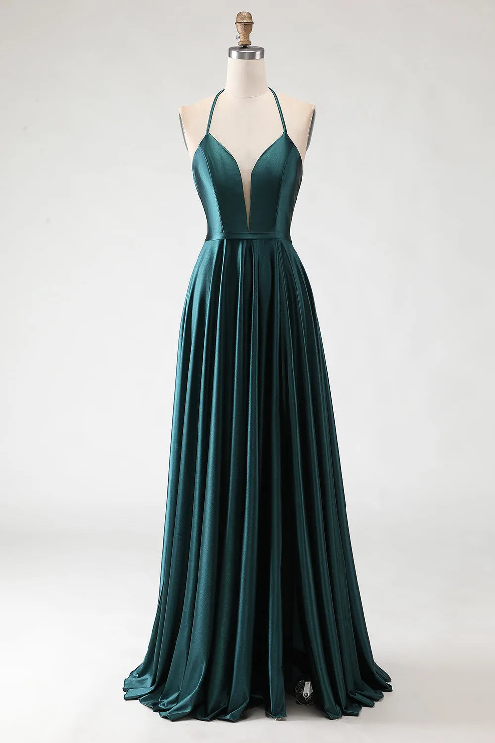 Luxurious Dark Green A Line Halter Neck Sleeveless Lace-Up Back Floor-Length Satin Prom Dress with Slit