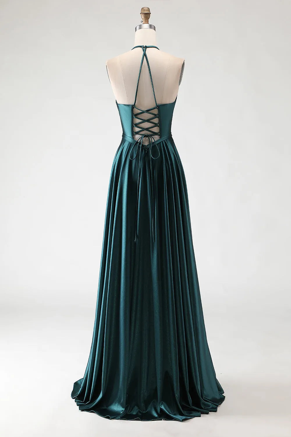Luxurious Dark Green A Line Halter Neck Sleeveless Lace-Up Back Floor-Length Satin Prom Dress with Slit