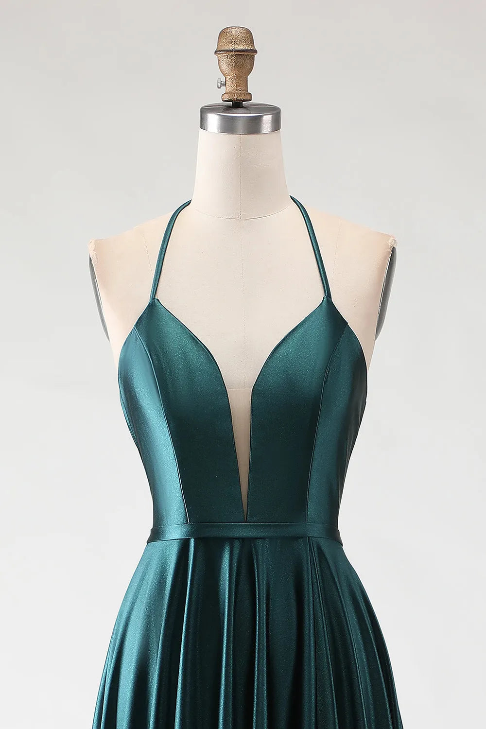 Luxurious Dark Green A Line Halter Neck Sleeveless Lace-Up Back Floor-Length Satin Prom Dress with Slit