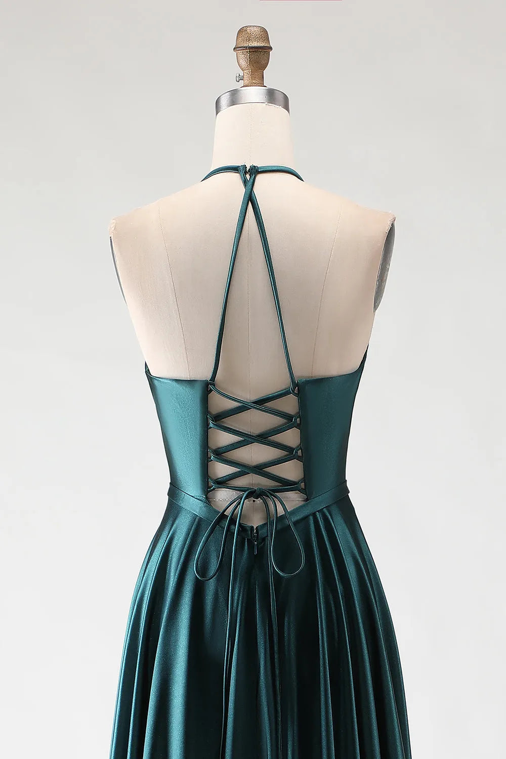 Luxurious Dark Green A Line Halter Neck Sleeveless Lace-Up Back Floor-Length Satin Prom Dress with Slit
