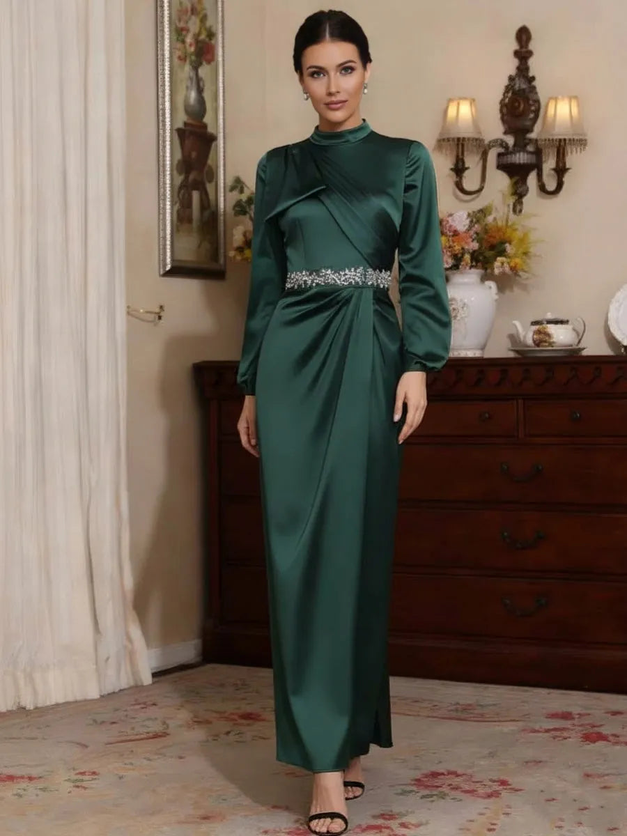 Luxurious Fitted Mock Neck Long-Sleeve Button-Back Floor-Length Mother Of The Bride Dresses