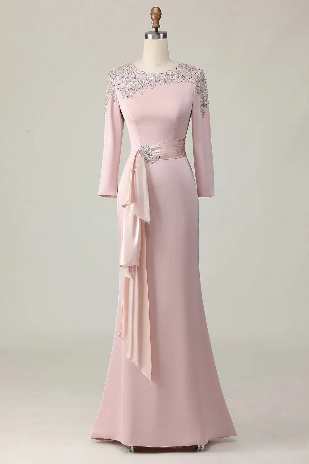 Luxurious Mermaid Crew Neck Long Sleeves Beaded Back Floor-Length Mother Of The Bride Dresses