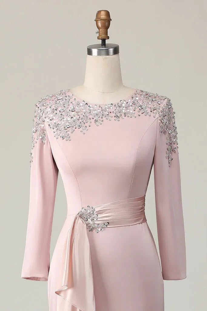 Luxurious Mermaid Crew Neck Long Sleeves Beaded Back Floor-Length Mother Of The Bride Dresses