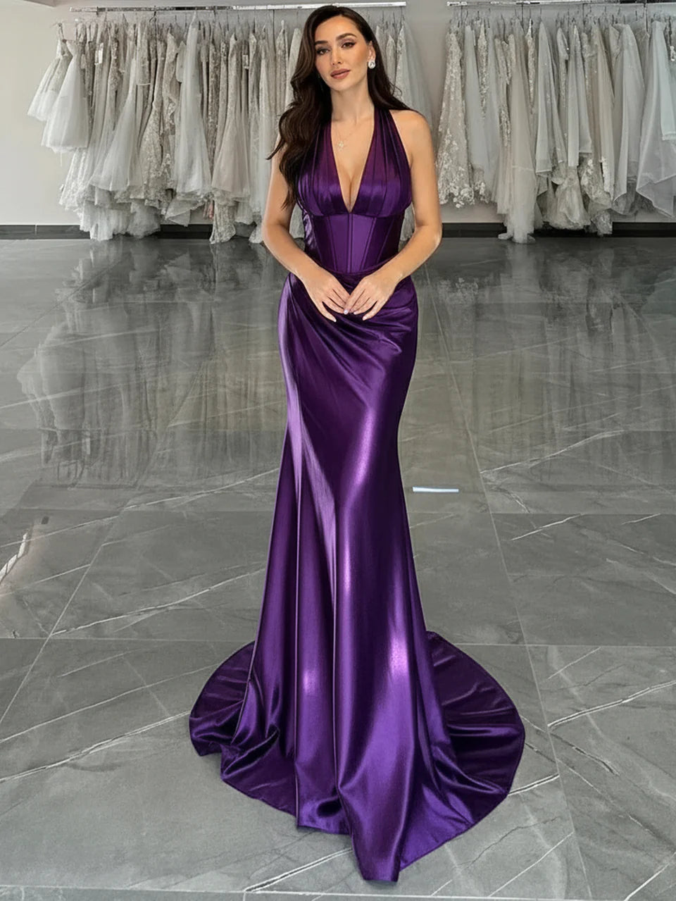 Luxurious Mermaid Halter Neck Sleeveless Lace-Up Back Floor-Length Prom Dresses