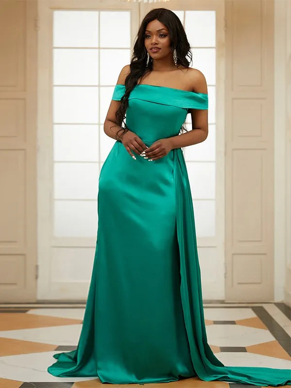 Luxurious Mermaid Off-The-Shoulder Open Back Train-Length Wedding Guest Plus Size Dresses