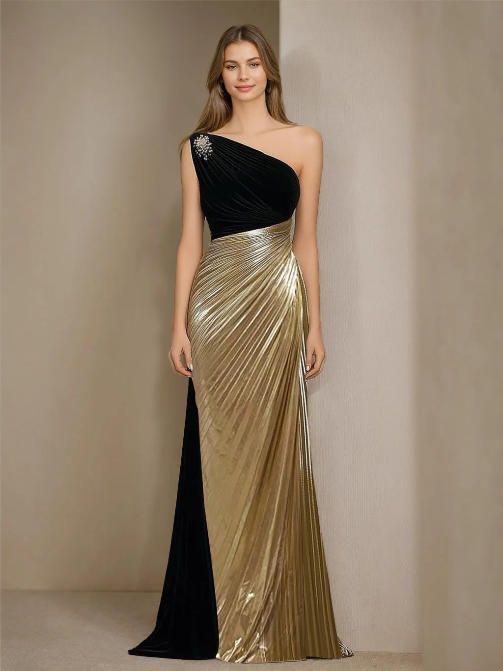 Luxurious Mermaid One-Shoulder Sleeveless Open-Back Floor-Length Evening Dresses