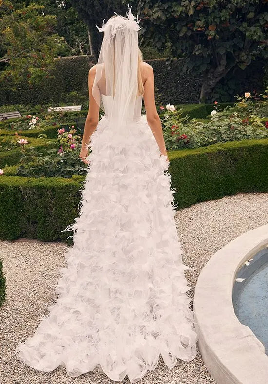 Luxurious Mermaid Strapless Feather Slit Back Train Wedding Dresses